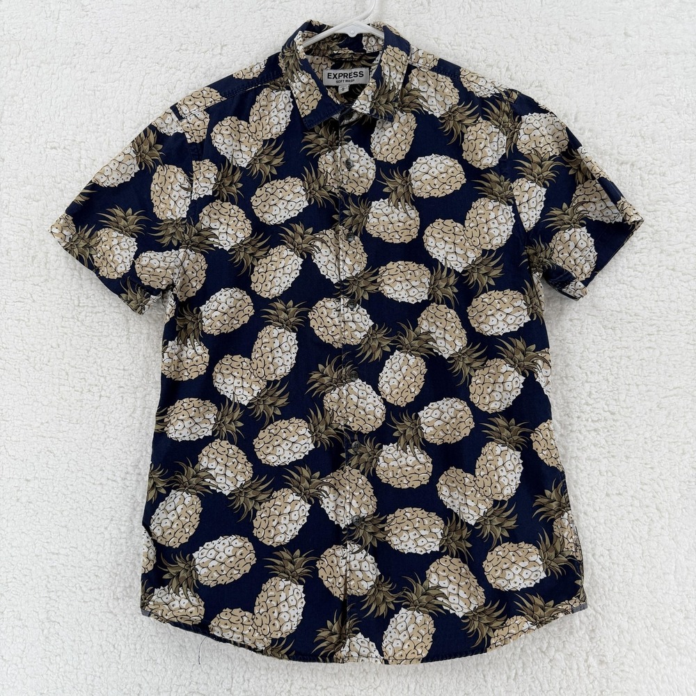 Express Mens Medium Navy Blue Pineapple Print Short Sleeve Button Front Shirt